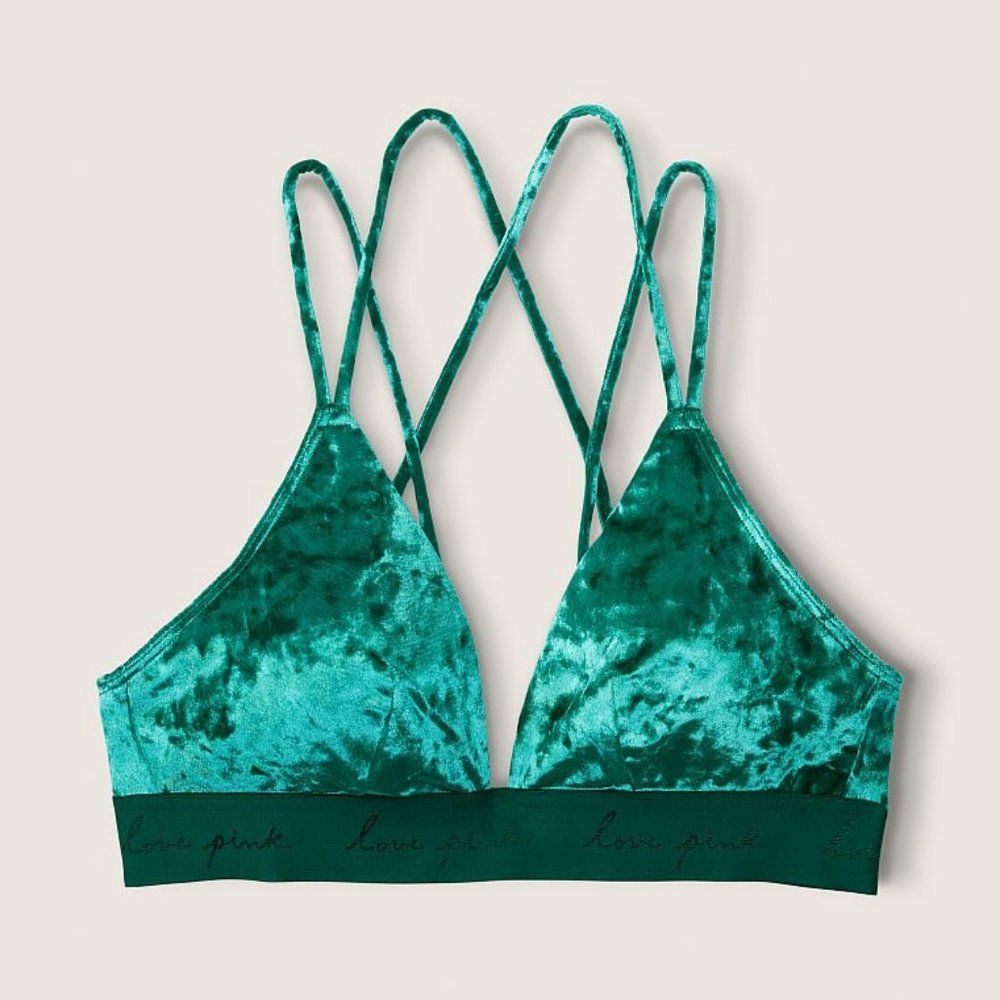 VICTORIA’S Secret PINK Green Crushed Velvet Strappy Back Triangle Bralette